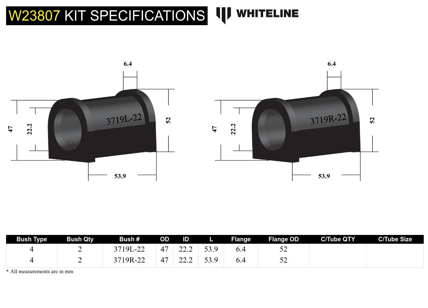 Front Sway Bar Mount - Bushing Kit 22.2mm to Suit Toyota Corolla, Prius and Rav 4