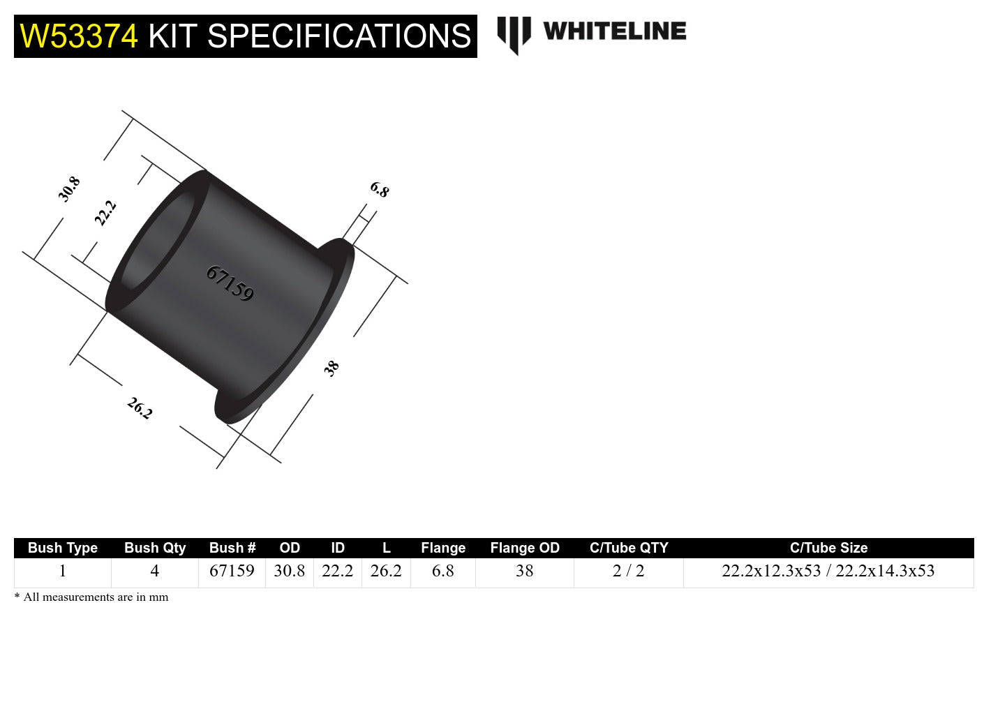 Front Control Arm Lower - Inner Front Bushing Kit to Suit Toyota MR2 ZZW30 and Echo NCP10